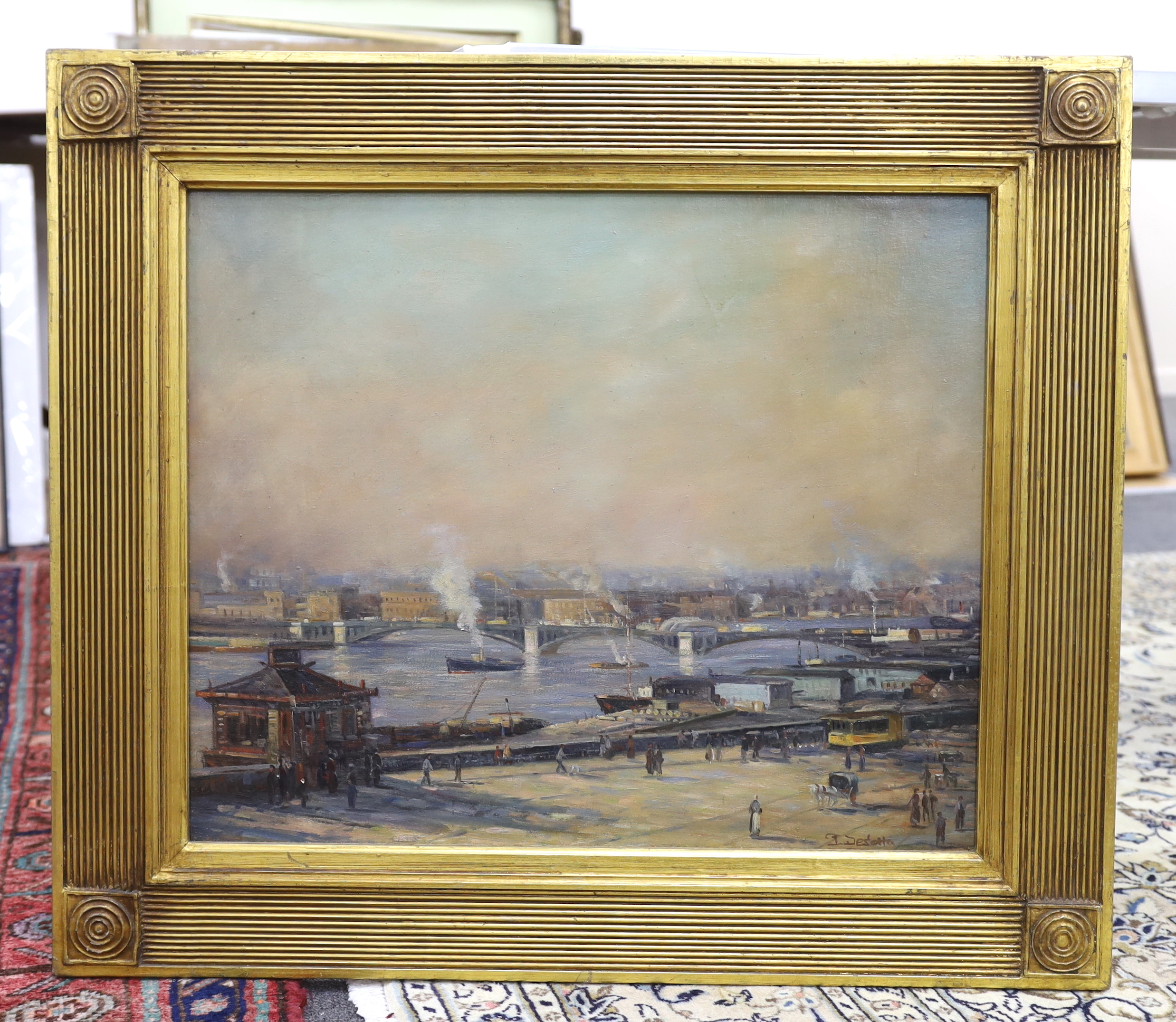 J. Desotta, oil on canvas board, City riverscape, signed, 49 x 59cm